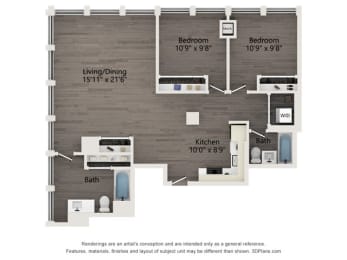 B3 two bedroom apartment floor plan at Atrio in Chicago