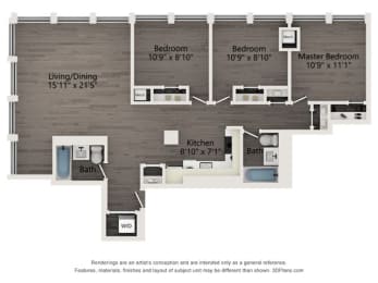 C2 three bedroom apartment floor plan at Atrio in Chicago