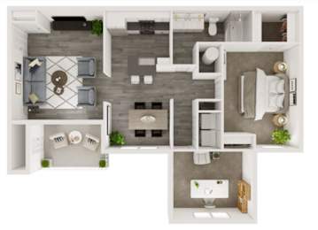 A top-down view of a small apartment with a kitchen, living room, and bathroom.