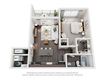 A 3D floor plan of a small apartment with a kitchen, living room, and bathroom.