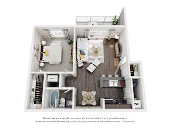 A 3D floor plan of a small apartment with a kitchen, living room, and bathroom.