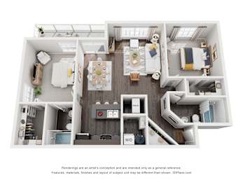 A 3D floor plan of a house with a kitchen, living room, and two bedrooms.
