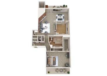 A floor plan of a house with a kitchen, living room, and bathroom.