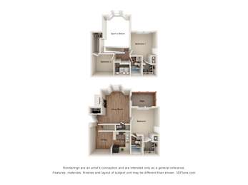 Two images of a house layout with a living room, dining room, kitchen, and two bedrooms.