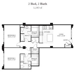 a floor plan of a 2 bed 2 bath floor plan with bedrooms and baths