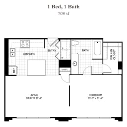 a floor plan of a 1 bed 1 bath floor plan with bedrooms and baths