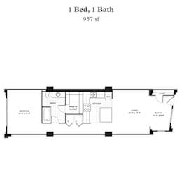 the floor plan of 1 bed 1 bath