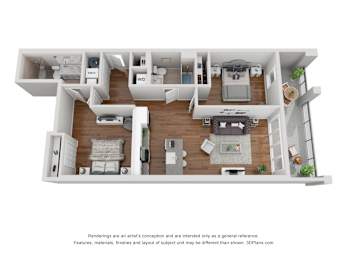 A 3D floor plan of a house with a kitchen, living room, and two bedrooms.