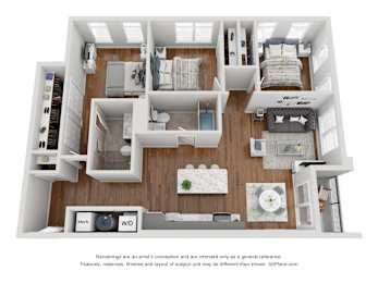 A 3D floor plan of a house with a kitchen, living room, and bathroom.