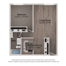Willow Crossing's Clover floor plan of a one bedroom apartment in Elk Grove Village
