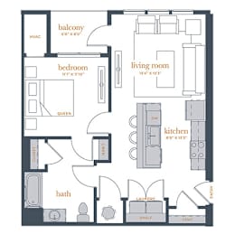 A floor plan of a home showing a bedroom, living room, kitchen, and bathroom.