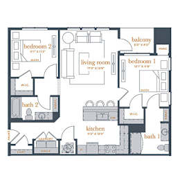 A floor plan of a home with two bedrooms, a living room, a kitchen, a bathroom, a laundry room, a coat area, and a shelf.
