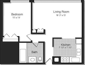 A black and white image of a floor plan for a small apartment.