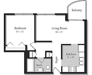 A black and white image of a floor plan for a small apartment.