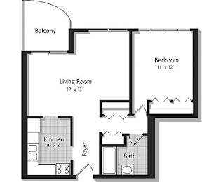 A black and white image of a house floor plan with a balcony, living room, kitchen, foyer, bath, and bedroom.