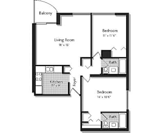 A black and white image of a floor plan for a two bedroom apartment.