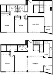 A floor plan of a two-story house with two bedrooms, two bathrooms, a kitchen, and a balcony.