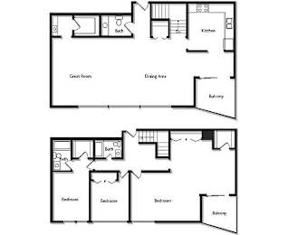 A floor plan of a house with two bedrooms, a great room, a dining area, a kitchen, a bath, and a balcony.
