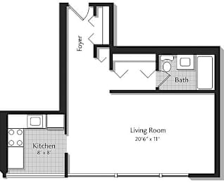 A floor plan of a small apartment with a kitchen, living room, and bathroom.