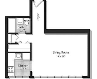 A floor plan of a small apartment with a living room, kitchen, and bathroom.