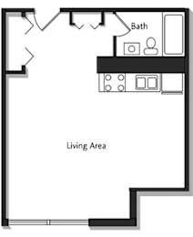 A floor plan of a small apartment with a living area and a bathroom.