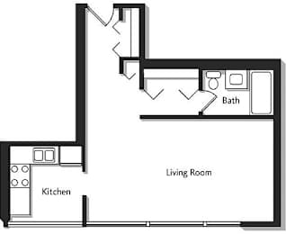 A floor plan of a living room and kitchen.