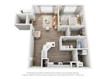 A 3D floor plan of a house with labeled rooms.