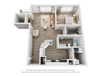 A 3D floor plan of a house with labeled rooms.