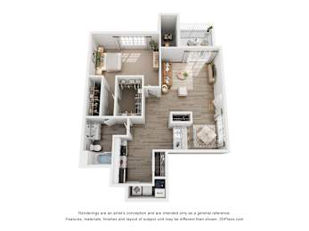 A 3D floor plan of a house with a kitchen, living room, and bathroom.