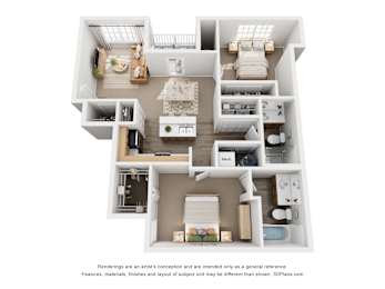A 3D floor plan of a house with a kitchen, living room, and bathroom.