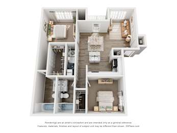 A 3D floor plan of a house with a kitchen, living room, and two bedrooms.