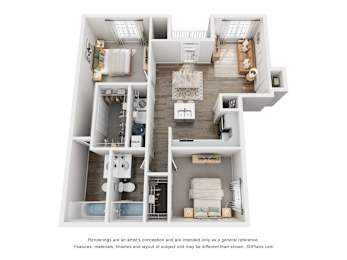 A 3D floor plan of a house with a kitchen, living room, dining room, and two bedrooms.