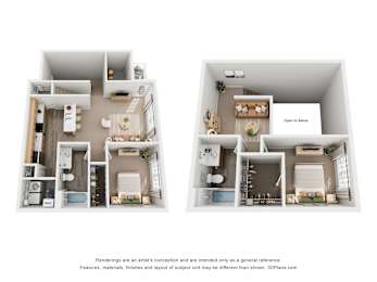 Two images of a small apartment layout with a kitchen, living room, and bathroom.