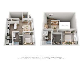 Two images of a floor plan for a house with a kitchen, living room, and bathroom.