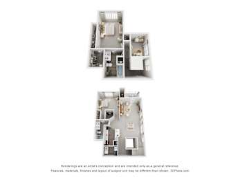 Two images of a house layout with a kitchen, living room, and bedrooms.