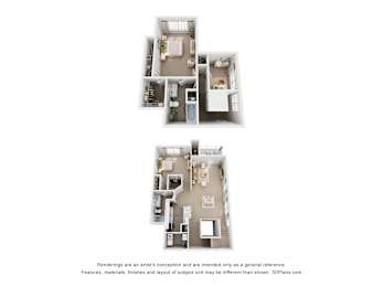 Two images of a house layout with a kitchen, living room, and bedrooms.