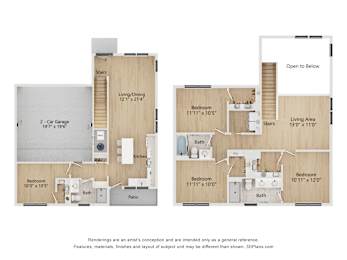 A floor plan of a house with two bedrooms, a living area, a kitchen, a bath, a patio, and a 2-car garage.