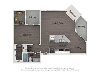 The Addison at Southfield A2 one bedroom apartment floor plan