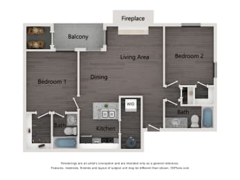 The Addison at Southfield B2 two bedroom apartment floor plan