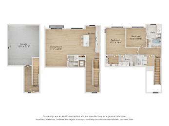 A floor plan of a house with a garage, living room, kitchen, and two bedrooms.