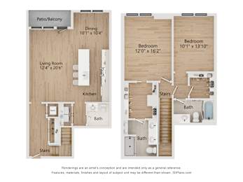 A floor plan of a two bedroom apartment with a living room, kitchen, and bathroom.