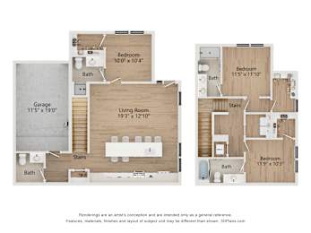 A floor plan of a house with a living room, two bedrooms, a bathroom, and a garage.