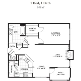 a floor plan of a 1 bed 1 bath floor plan with bedrooms and baths
