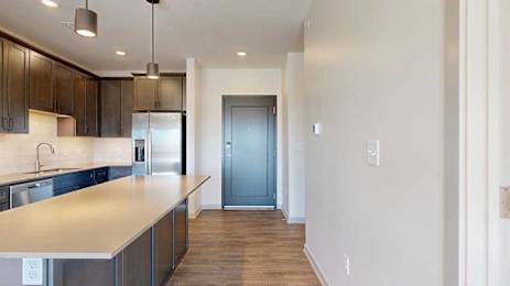 A front entryway next to a modern kitchen with dark cabinets and stainless steel appliances.