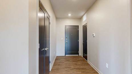 A hallway with a closet to the side, with a front door at the end.