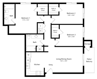 Floor Plan  the 3-bedroom Cheyenne floorplan at the Fountain Glen Apartments in North Lincoln, NE