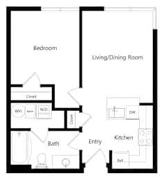 the one-bedroom Austin floor plan at Midtown Crossing Apartments in Omaha, NE