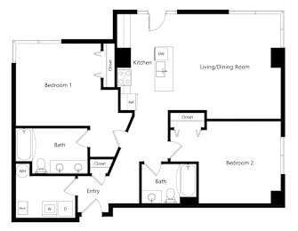 the two-bedroom Memphis floor plan at Midtown Crossing Apartments in Omaha, NE