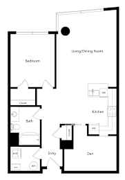 A floor plan of a small apartment with a living/dining room, kitchen, bedroom, and bathroom.
