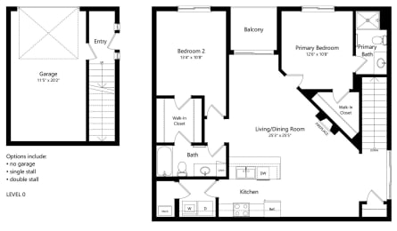 Floor Plan  a floor plan of an apartment with two bedrooms and a living room and a kitchen